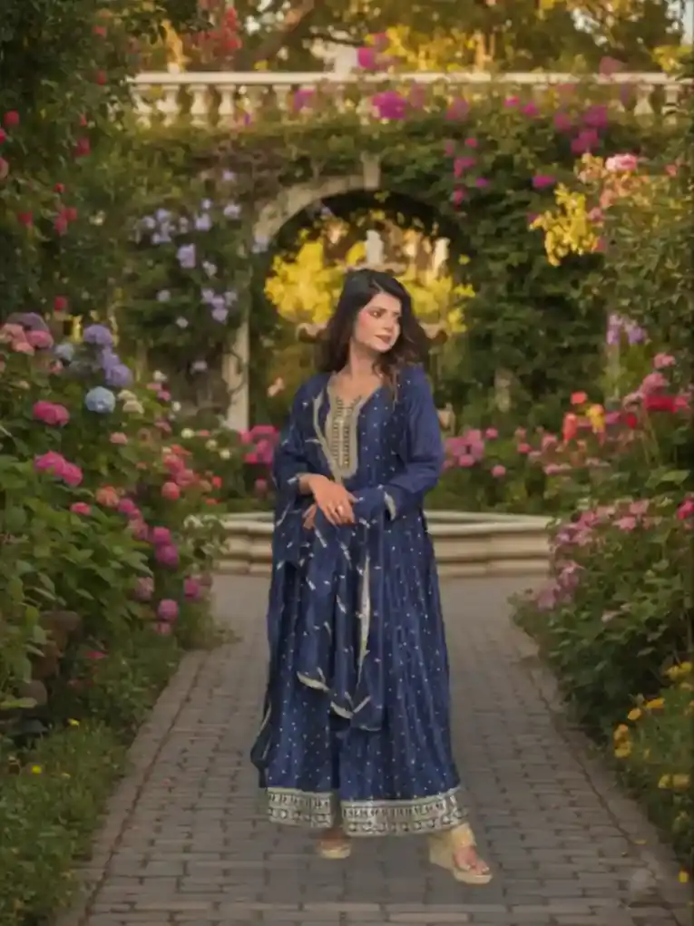 Navy Blue Silk Blend Anarkali Suit