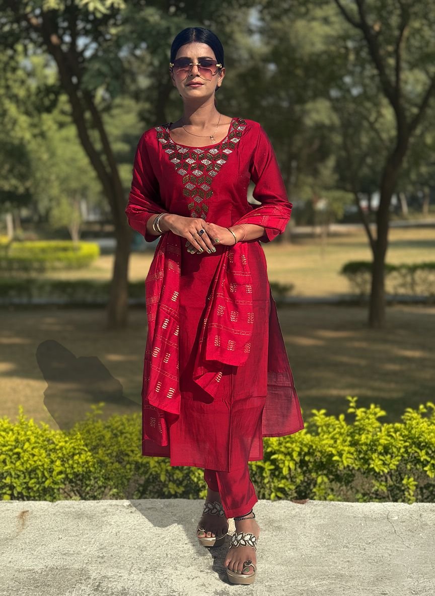 Maroon Muslin Cotton suit