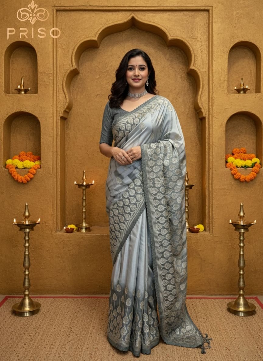 Elegant Silver/Grey Silk Saree with Traditional Motifs