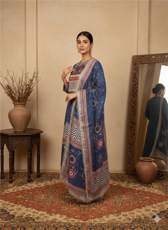 Pakistani Unstitched Cotton Suit – Elegant Blue Printed Design