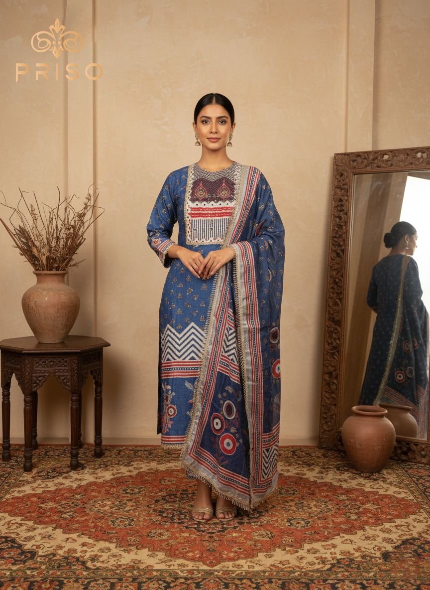 Pakistani Unstitched Cotton Suit – Elegant Blue Printed Design