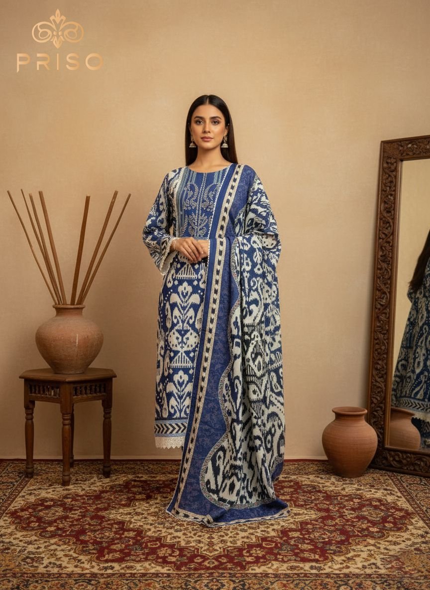 Pakistani Unstitched Cotton Suit Blue & White Ikat Print