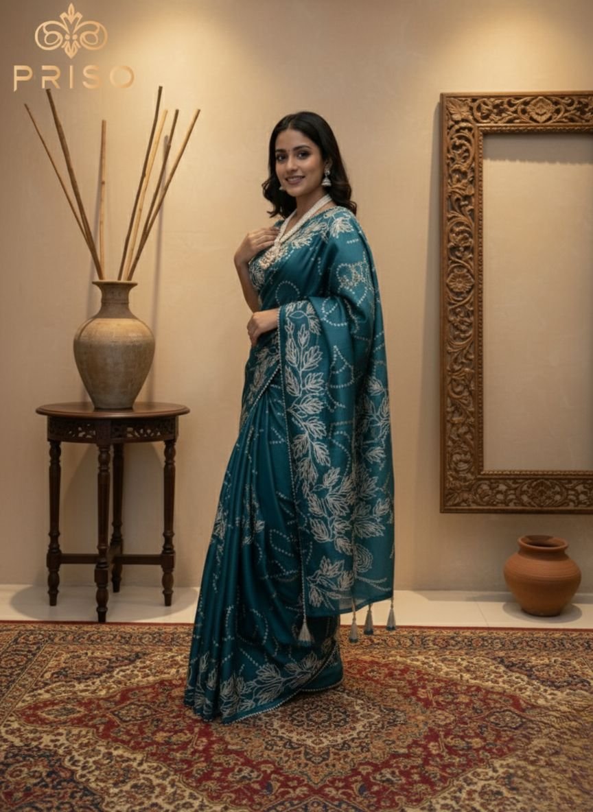 Emerald Silk Saree with Elegant Leaf Embroidery