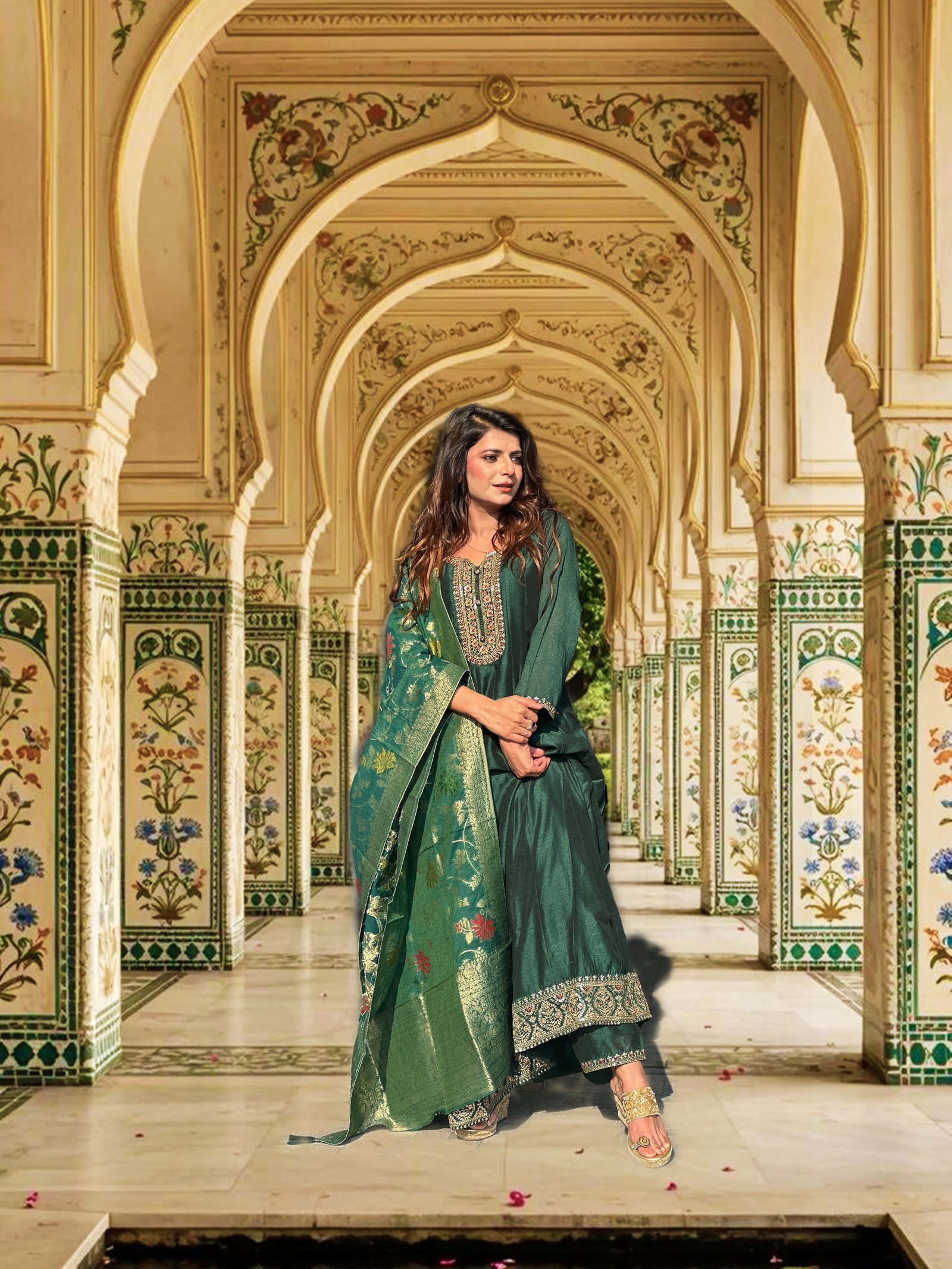 Emerald Green Silk Blend Anarkali Suit