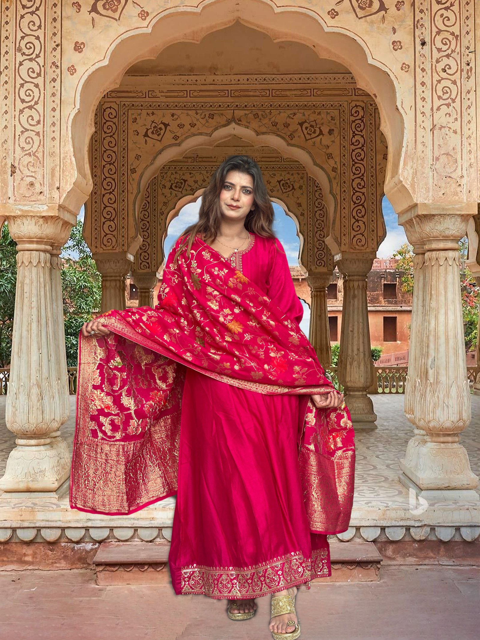 Fuchsia Pink Silk blend Anarkali suit