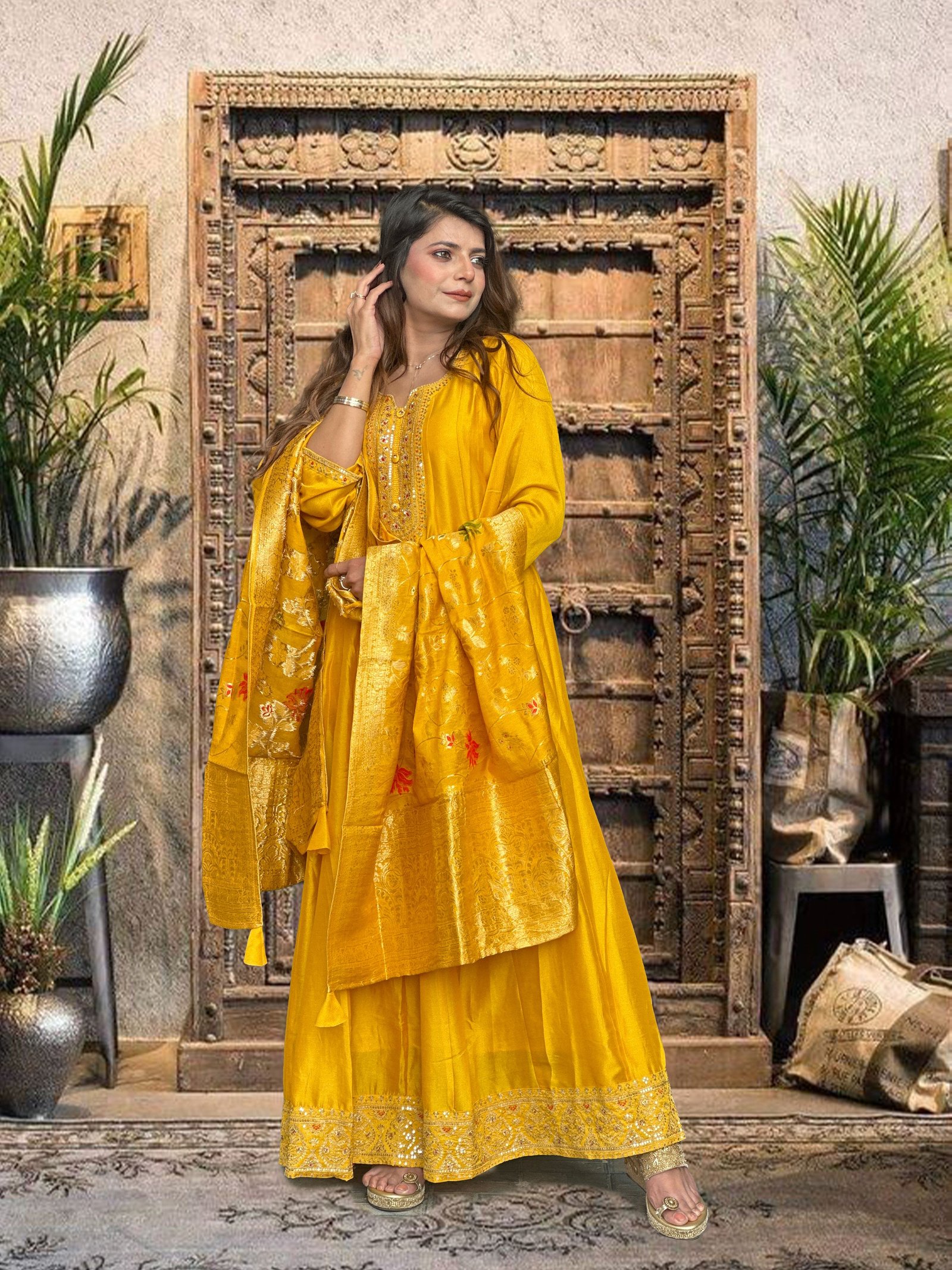 Mustard Yellow / Golden Yellow Silk Blend Anarkali Suit